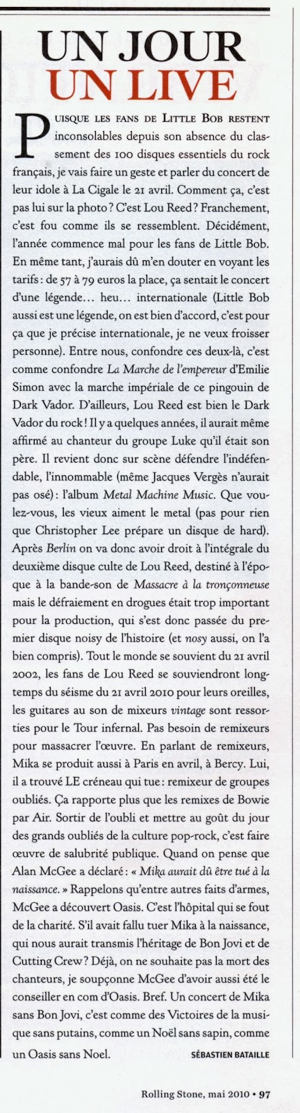 Lou Reed concert, Lou Reed La Cigale Paris, Lou Reed Metal Machine Music, Sébastien Bataille Rolling Stone, Un Jour Un Live, Un Jour Un Live Sébastien Bataille