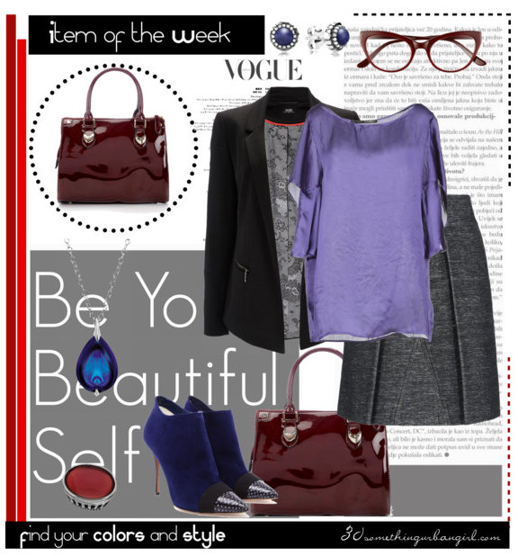 awesome work wear outfit with oxblood bag, violet top and grey skirt awesome work wear outfit with oxblood bag, violet top and grey skirt