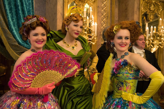 Oscar-winner Cate Blanchett as the evil stepmother Lady Tremaine. The girls beside her are infamous dumb and cruel step sisters of Cinderella. Cinderella 2015 stepmother sisters cate blanchett
