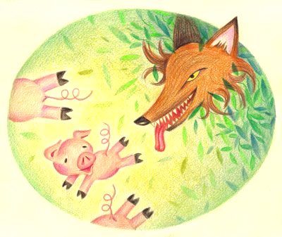 LOS TRES CERDITOS O 3 CHANCHITOS CORRIENDO DEL LOBO Ilustración de los tres cerditos o 3 chanchitos corriendo del lobo