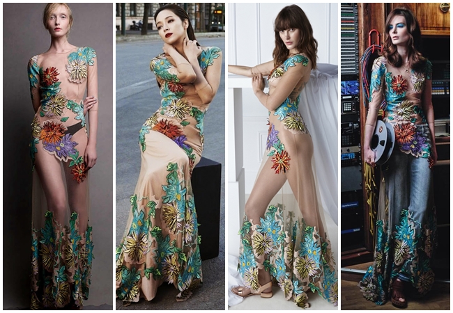 Blumarine 2015 SS Sheer Tulle Maxi Dahlia-Embroidery Gown 18 Looks Same or Not by Sheena 宣娜:名模女星撞衫穿搭