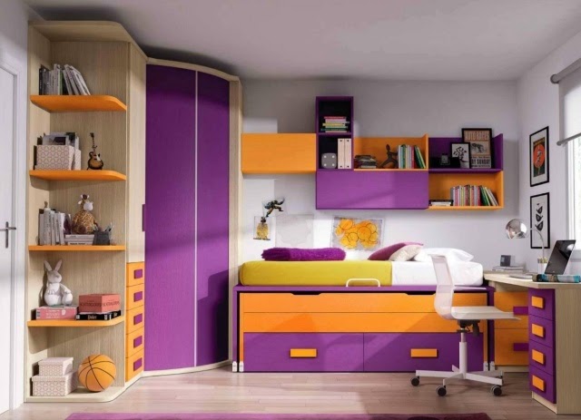Habitación en naranja y lila - Ideas para decorar dormitorios