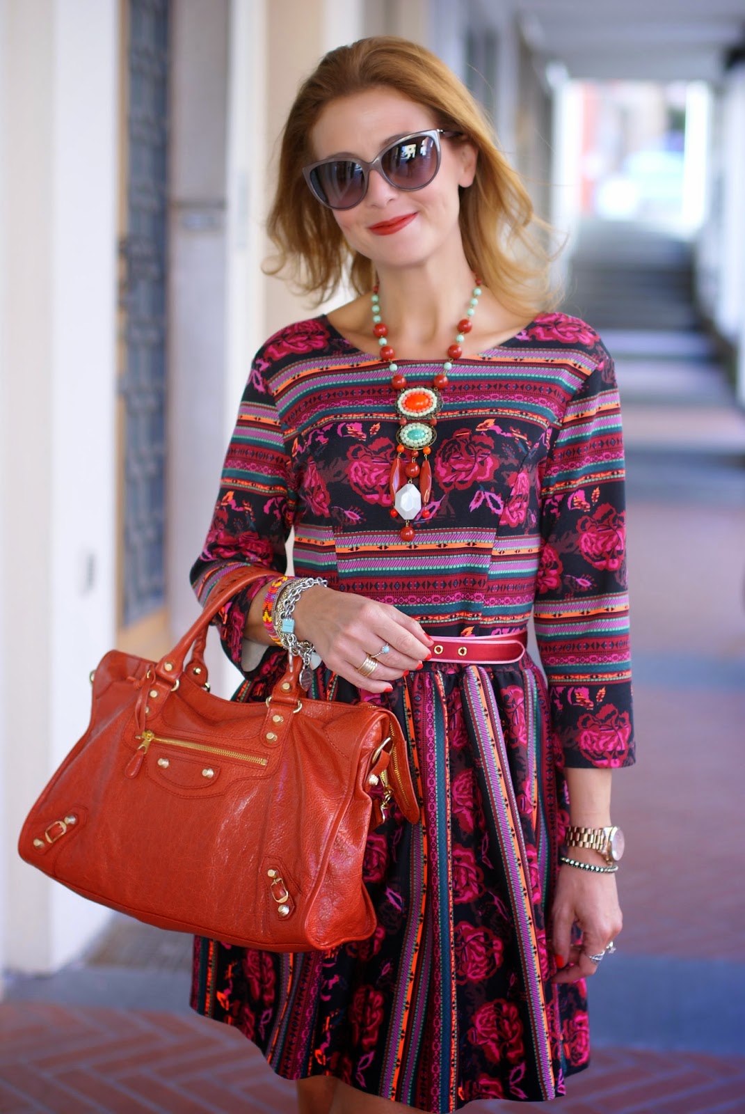 Blackfive dress, ethnic print dress, Balenciaga City rouge amber bag, Fashion and Cookies, fashion blogger