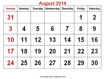 calendar for august 2014