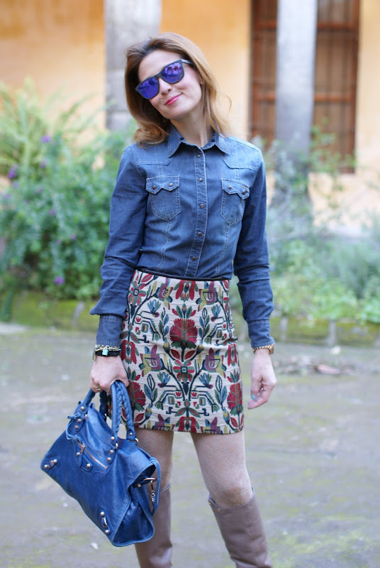 jeans shirt, Zara miniskirt, Balenciaga city bag, Fashion and Cookies