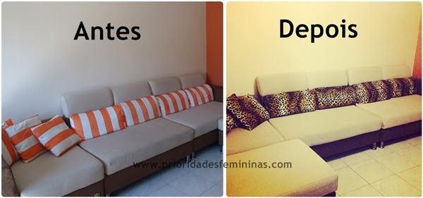 Antes e depois sofá almofadas listras laranjado, animal print, leopard, oncinha