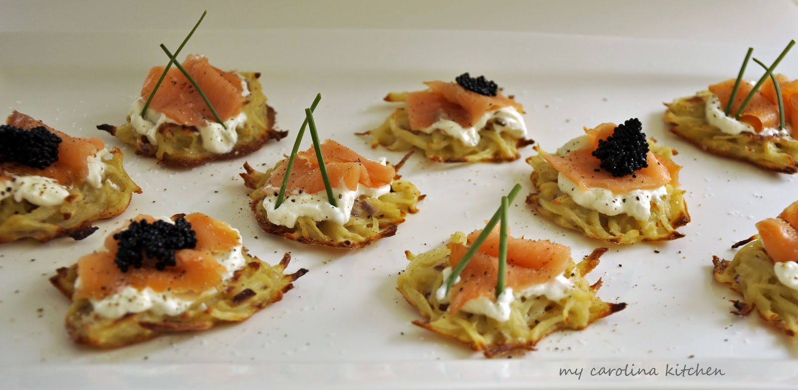 My Carolina Kitchen Potato Latkes with Smoked Salmon, Crème Fraiche
