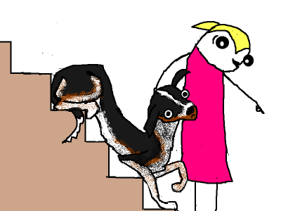 simplistically childlike drawing of a girl in a pink dress leading a black and brown dog down the stairs