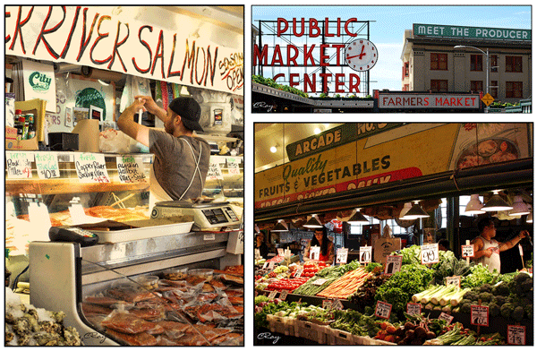 Salmon for sale at Pike's Market, Vegetable stand at Pikes Market, exterior of Pikes Market entrance with neon sign