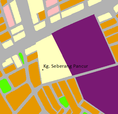 Label Kg. Seberang Pancur dipapar di atas dua simbol warna. Perkataan