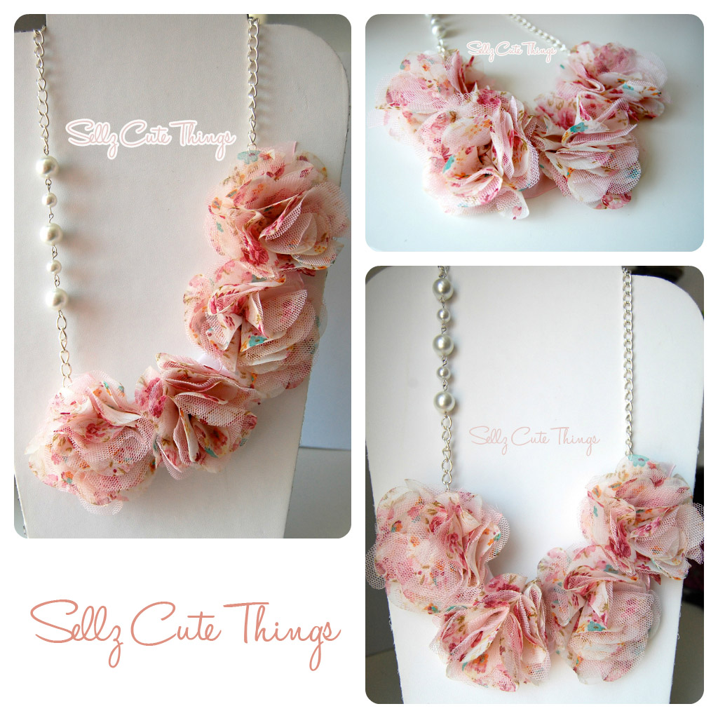 SellzCuteThings Fabric Flower Necklace with White Pearls