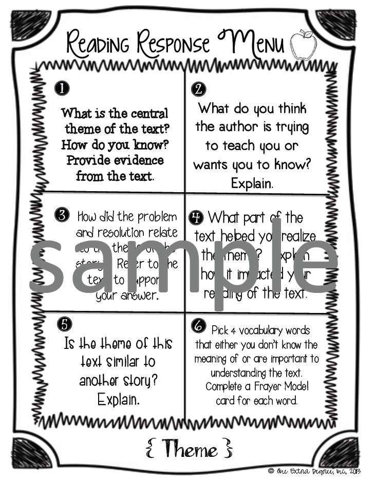 Reading Response Menus A Recipe for Reading Success! One Extra Degree