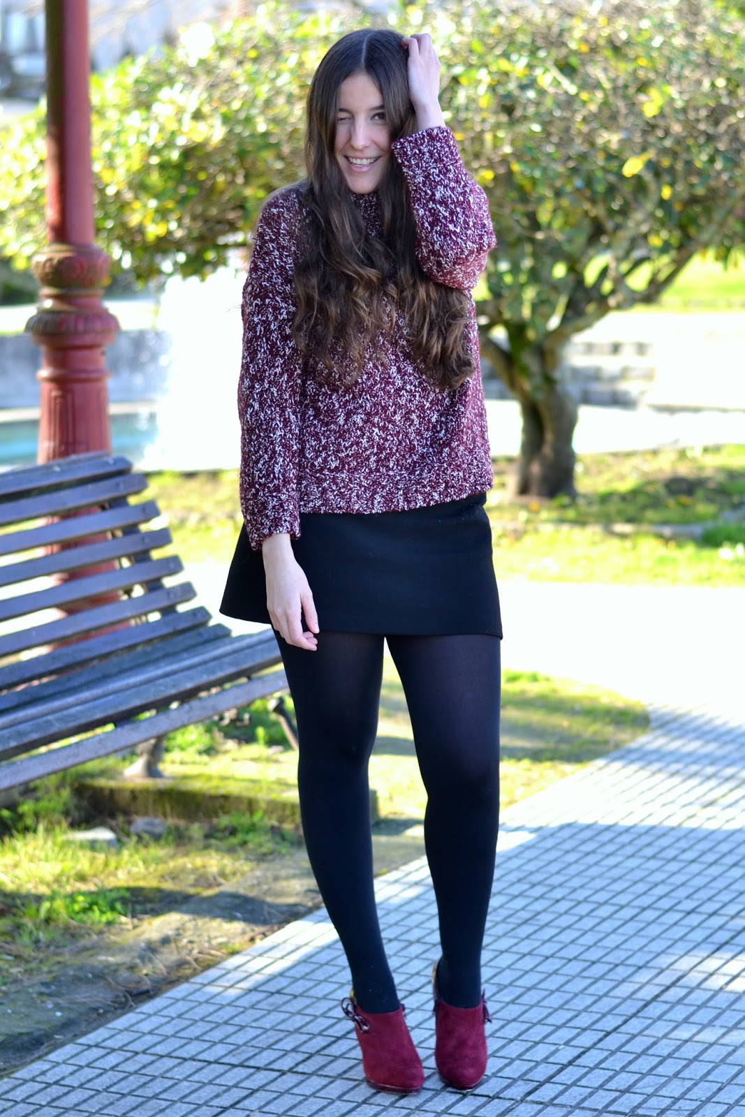 burgundy heels, sweater, black skirt