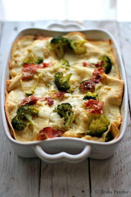 lasagne di kamut con broccoli, speck e mozzarella di bufala