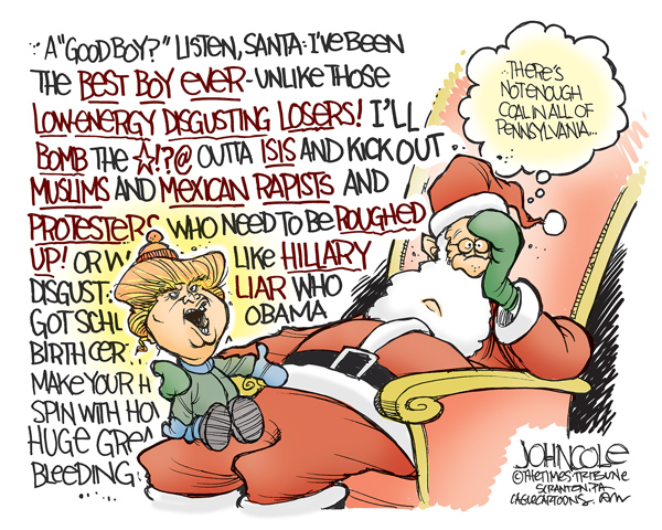 Donald Trump on Santa's knee going on and on about how great he is.  Santa thinking, 