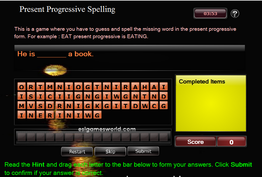 http://www.eslgamesworld.com/members/games/grammar/present%20tenses/new/present%20progressive%20spelling.html