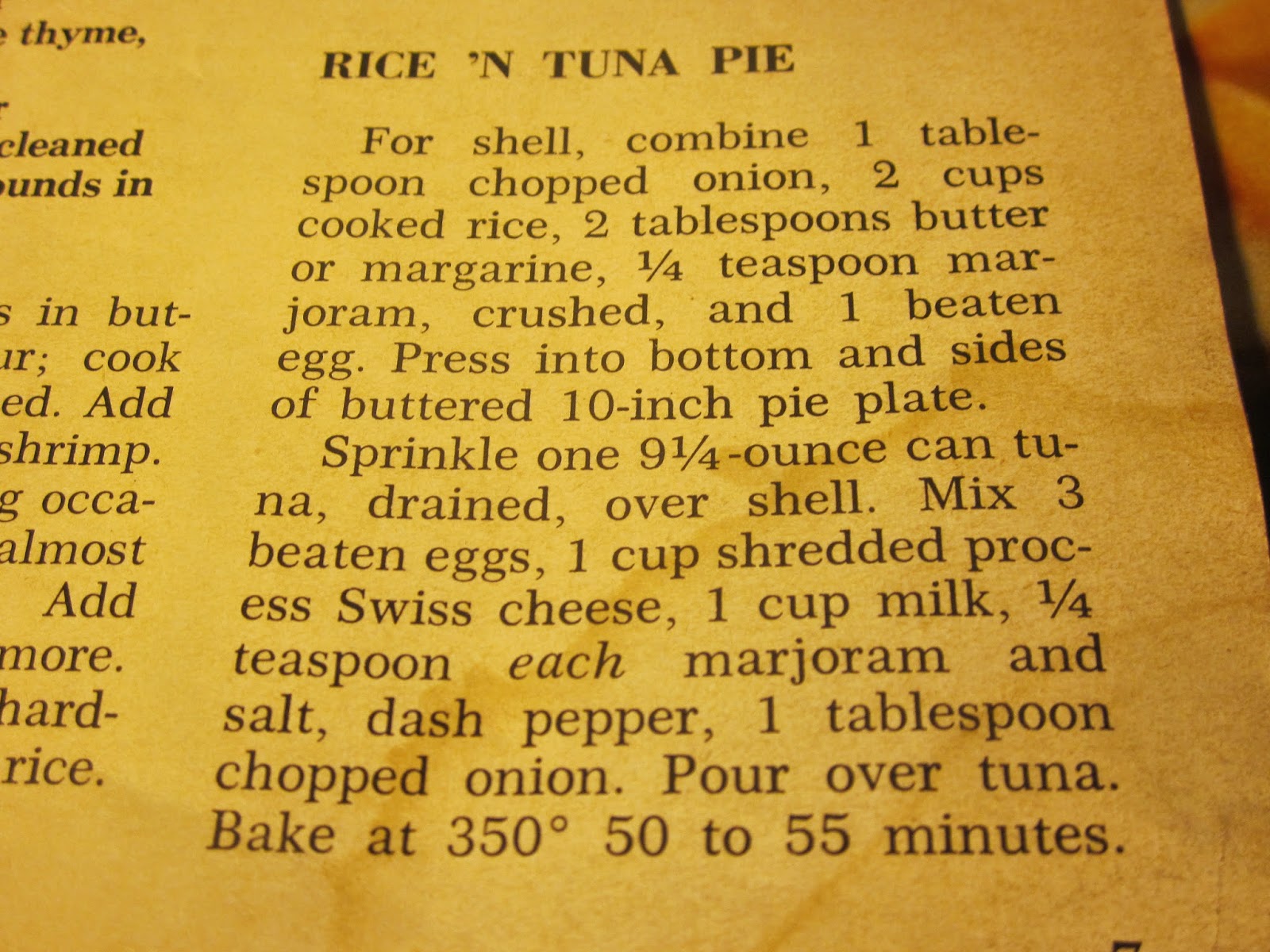 Grandma's Vintage Recipes RICE 'N TUNA PIE