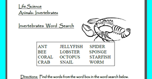 Classroom Freebies: Animal Word Search Puzzle - Invertebrates
