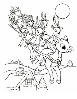 Line art drawing image of Santa coming over houses on his sleigh from the sky to the town with X mas gifts for kids