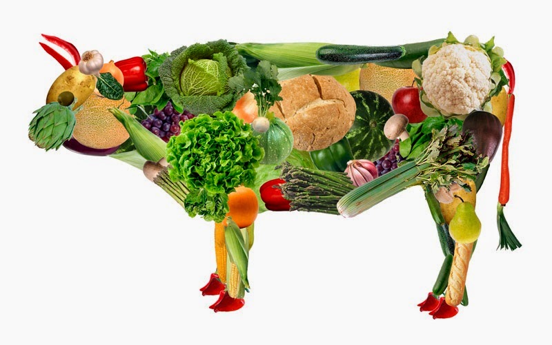 Imagen de vegetales y verduras dispuestas de manera que representan una vaca