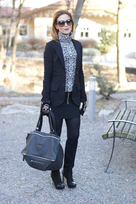 black and white outfit, Maison Scotch miniskirt, Givenchy bag, Scooter Plus sweater