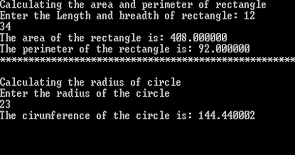 C Program 7: To Find The Area And Perimeter Of Rectangle And Circumference Of Circle