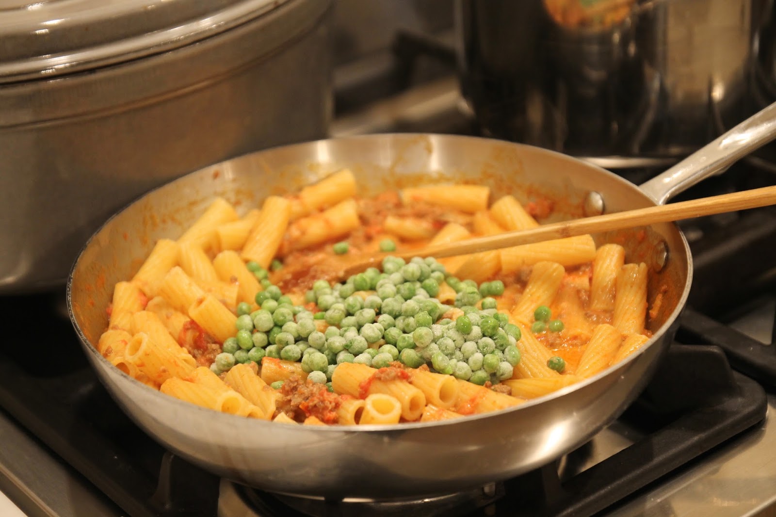 Jenny Steffens Hobick Leftovers Bolognese with Rigatoni, Cream, Peas & Parmesan