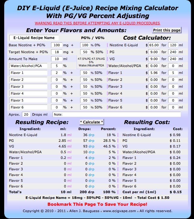 Online DIY Ejuice Mixing Calculator