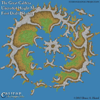 Great Caldera, Calidar, uneroded shaded height map, Stereographic Projection