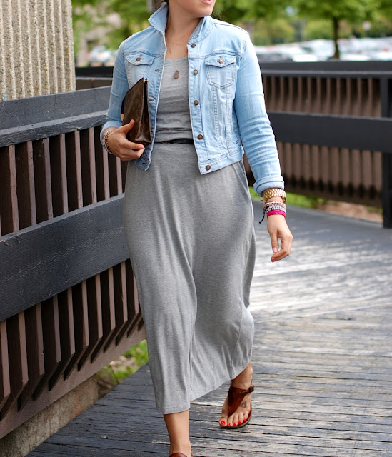 Forever 21 Jean jacket, Old Navy maxi dress, Gap belt, Mimi and Marge necklace, Louis Vuitton clutch, Michael Kors sandals
