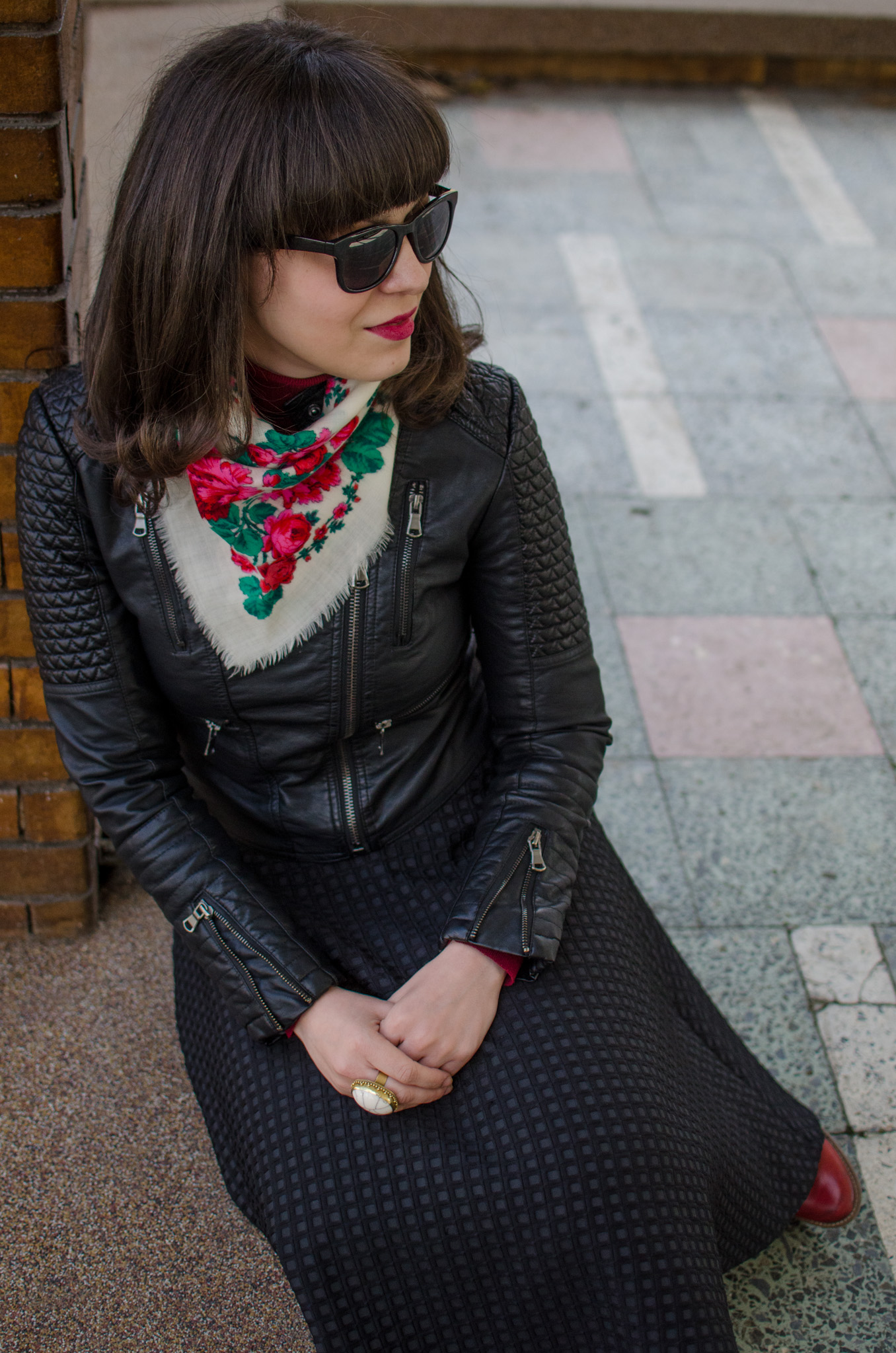 rock leather jacket ethnic romanian scarf burgundy turtleneck H&M full circle black skirt burgundy boots stone creek traditional romanian waistband spring bangs