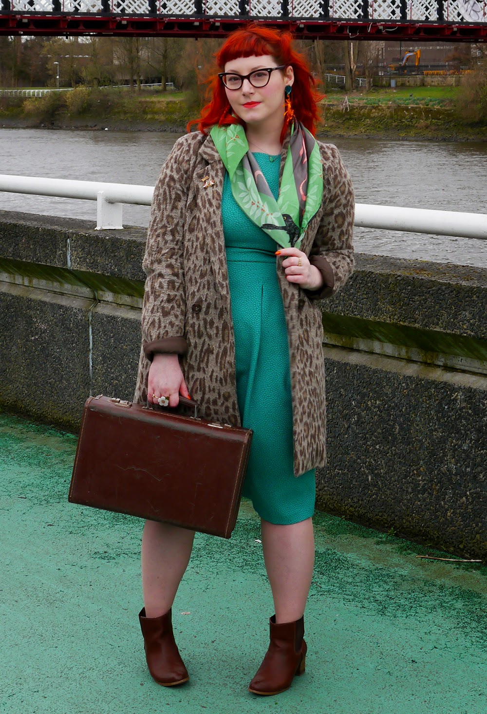 Glasgow, Girl Gang, Girl Gang Weekender, Glasgow, Clyde side, Scottish Bloggers, Scottish street style, styled by Helen, Creature Feature style, red head, red haired blogger, Lou Taylor ant earrings, H&M green dress, Karen Mabon scarf, Warehouse leopard print coat, vintage suitcase