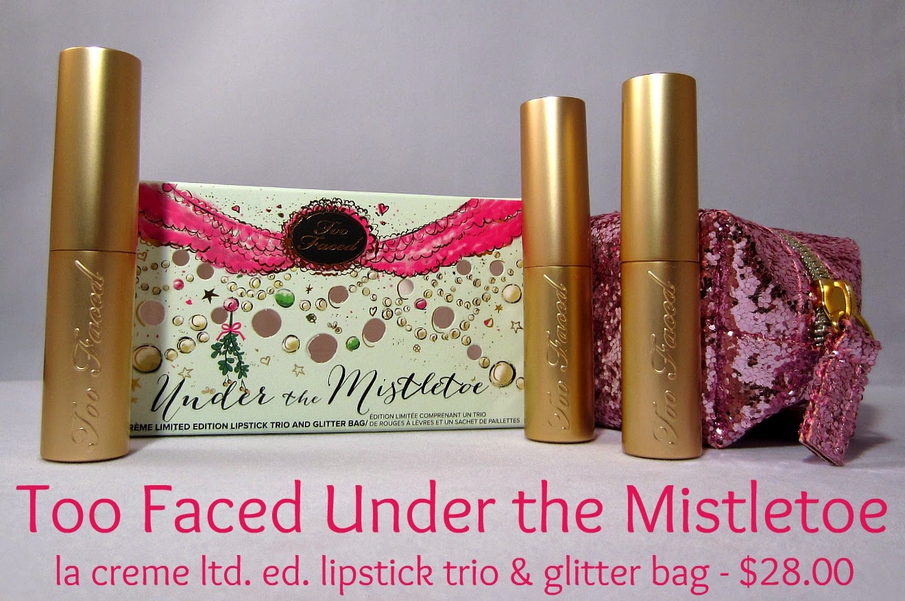 Under the mistletoe too faced Bag is soo cute and lipsticks are nice if you like shimmer. Kinda wish I had just bought the Creme formula since I don't wear shimmer much and the Marshmallow Bunny is not good on my skin tone.