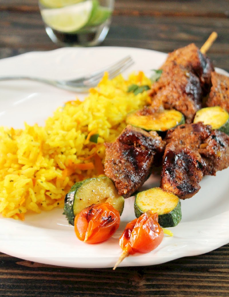 Creole Contessa Grilled Korean Bulgogi Steak Kabobs with Yellow Rice Pilaf