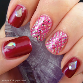 Nail art design featuring Barry M Rose Quartz Glitter and OPI Thank Glogg It's Friday, lattice pattern stamped with Cici&Sisi 08.