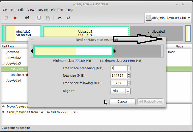 extending partition using gparted