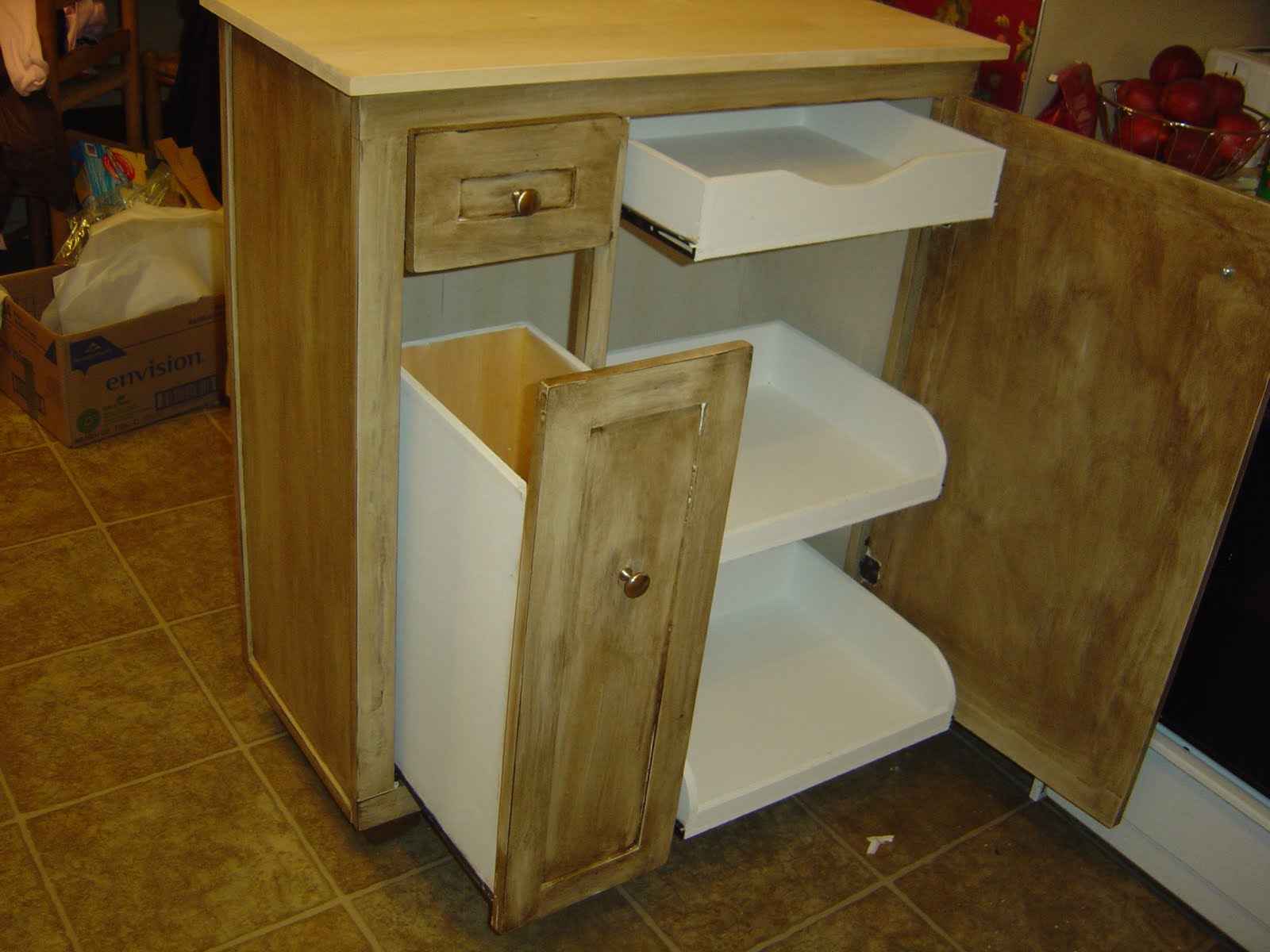 Pull out kitchen cabinets here you can see all the drawers pulled out the tall drawer is my