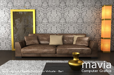 Rendering 3d divano in pelle marrone - scena virtuale 3d in Cinema 4d e Vray