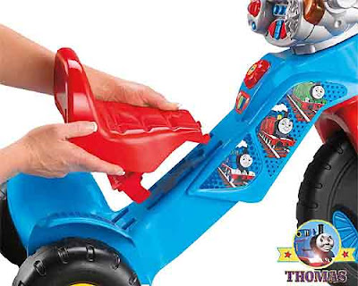 Thomas and friends ride on adjustable seat with James the red train and Percy tank engine pictures