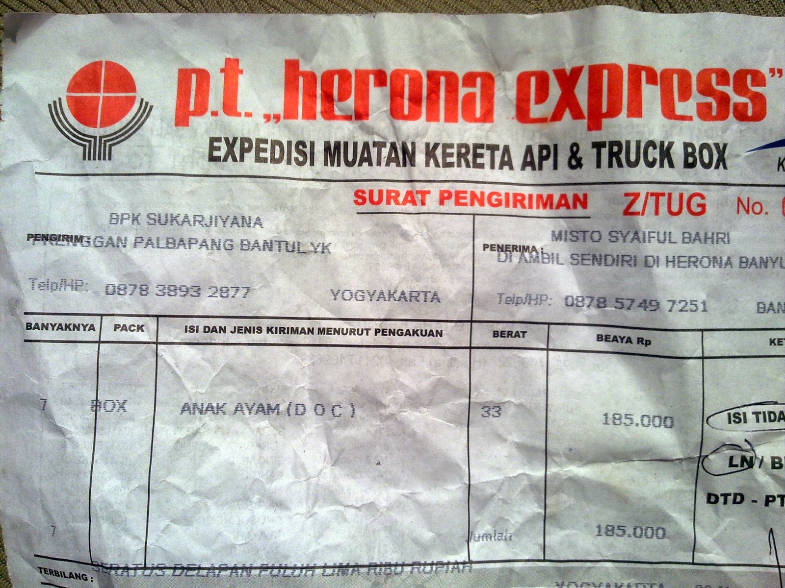 BUKTI PENGIRIMAN DOC AYAM JAWA SUPER CV.ADIKARYA DI TAHUN