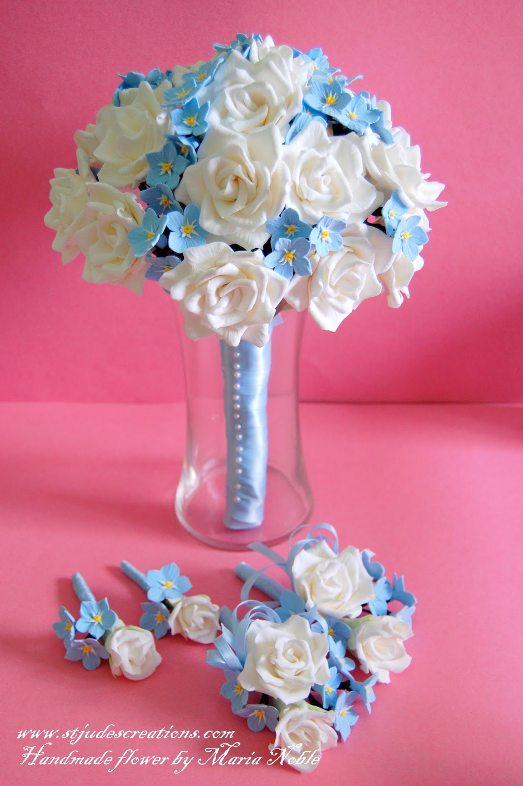 Blue me nots and white roses wedding bouquet everlasting in clay