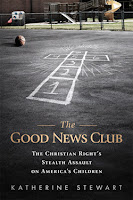 Cover of The Good News Club book, with a chalked hopscotch board in the shape of a cross on a playground