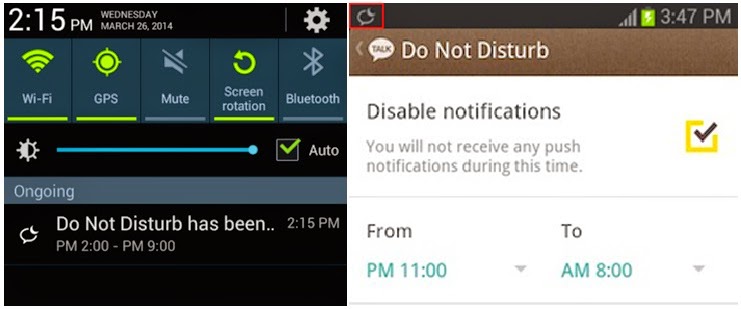 To activate the Do Not Disturb feature, tap More > Settings > Do Not Disturb, or you can access this via your notification panel. Once activated, an icon will appear on your status bar to notify users of your inactivity. To disable the Do Not Disturb mode, simply turn your KakaoTalk push notifications back on with a tap. KakaoTalk Do Not Disturb Feature