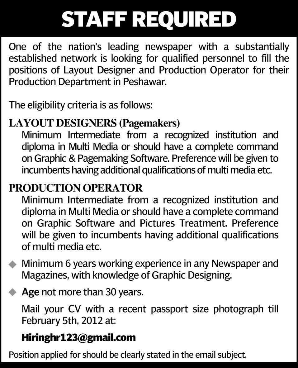 LAYOUT DESIGNERS & PRODUCTION OPERATOR JOBS IN LEADING NEWSPAPER