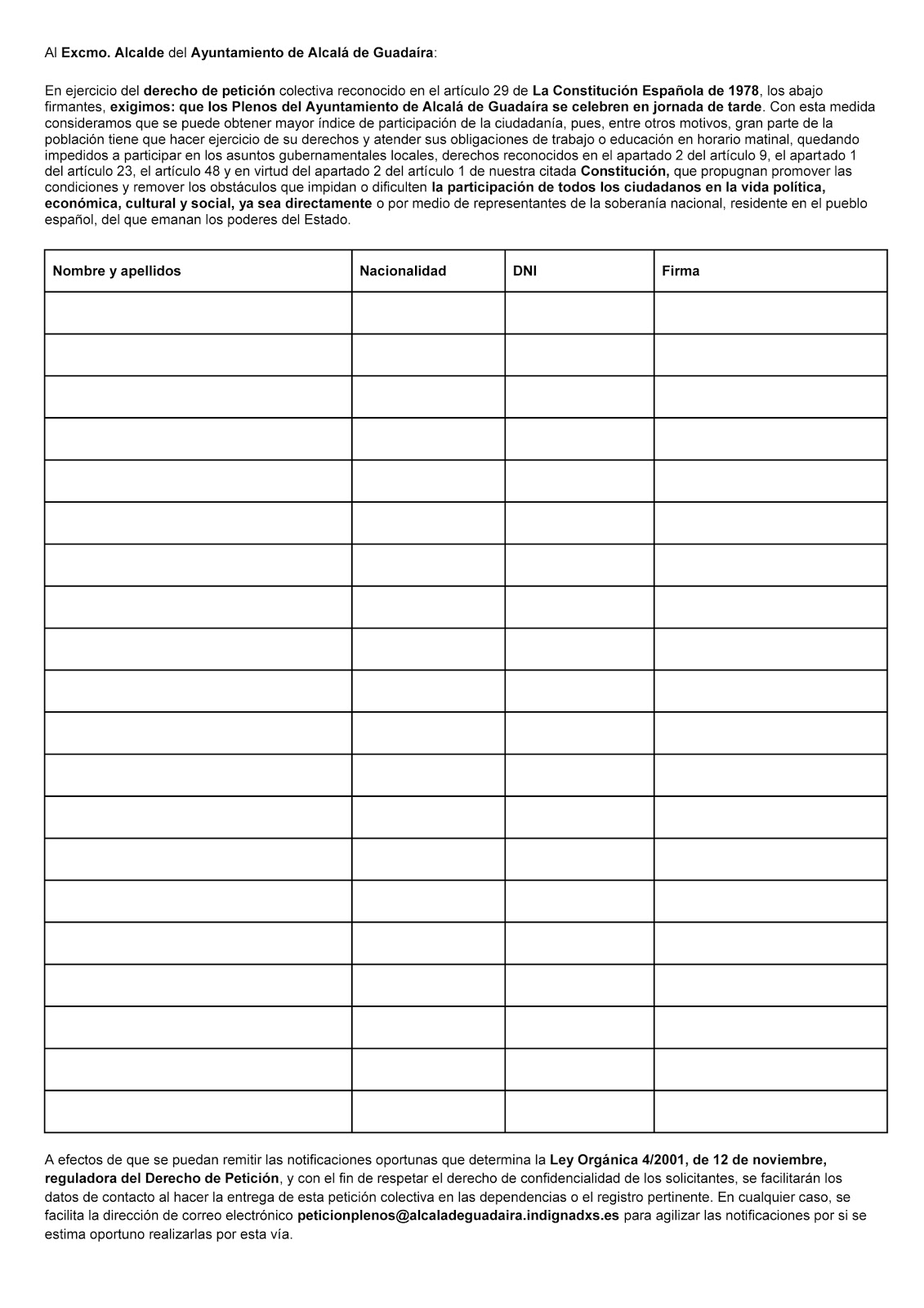 Democracia Real Ya En Alcala De Guadaira Recogida De Firmas Para Cambiar Los Plenos Por Las Tardes