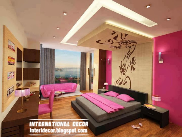 contemporary bedroom design ideas with new ceiling design and pink paint scheme