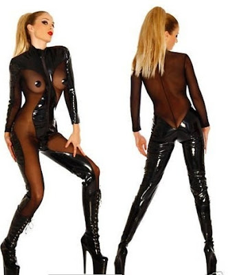 Free  Sexy Lingerie  on L577 Black Sexy Pvc Catsuit Transparent Lace Costume Dress S M