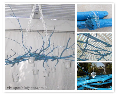 painted twig chandelier,stick chandelier, blue twig
