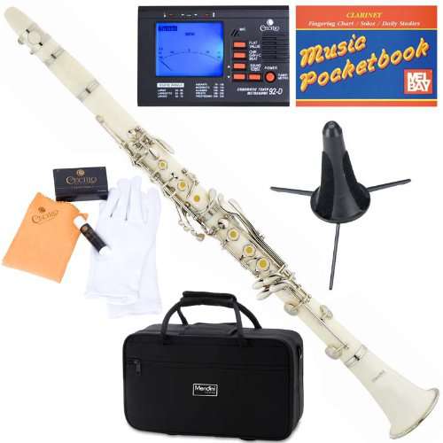 Mendini MCT-W+SD+PB+92D White ABS B Flat Clarinet with Tuner, Case, Stand, Mouthpiece, 10 Reeds and More