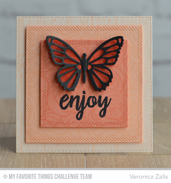 Butterfly Enjoy Card by Veronica Zalis featuring the Brushstroke Birthday stamp set, Roses All Over background stamp, and the Flutter of Butterflies - Solid and Lace Die-namics #mftstamps